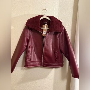 BearPaw Burgundy Leather Jacket with Fleece Collar